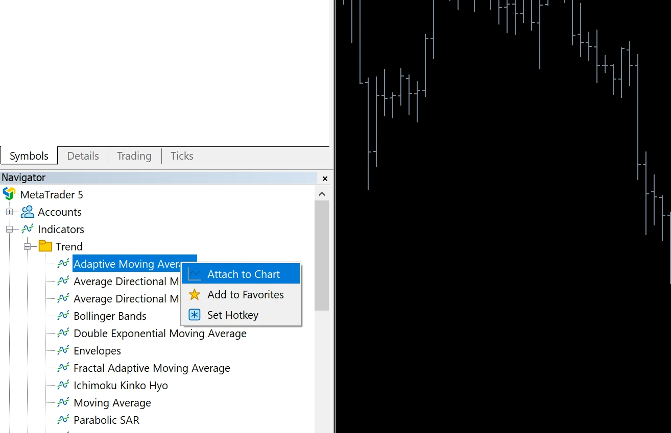MetaTrader5 прикрепляем индикатор к графику